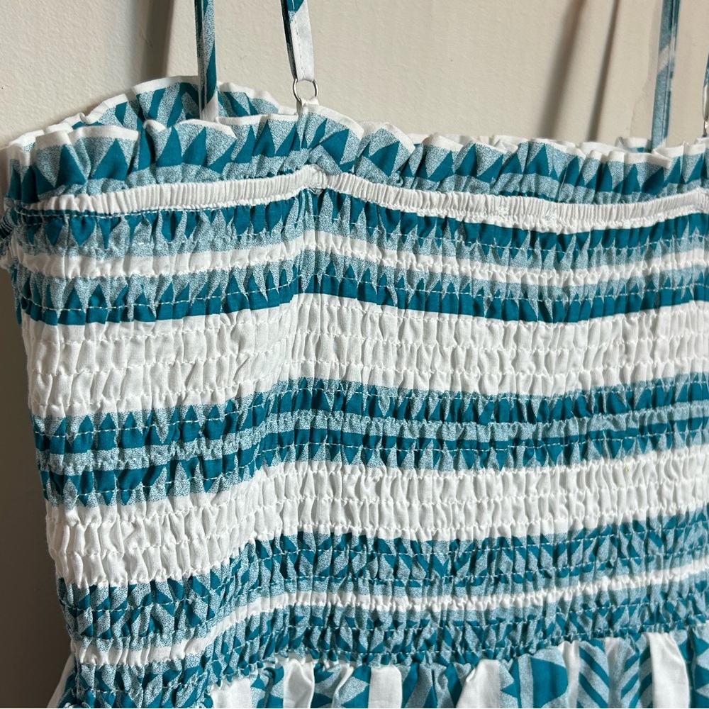 Umgee Teal Blue/White Aztec Print Smocked Bust Tiered Midi Sundress Size Large - Picture 2 of 8